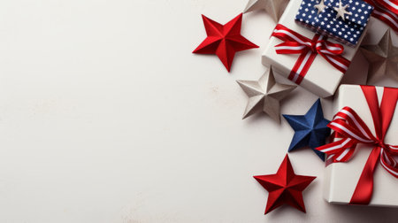 photo: festive american-themed presents wrapped in red, white, and blue, adorned with stars. the presents are designed in a modern, faceted shape style, with a color palette of light gray and dark beige. these minimalistic metal sculptures feature decorative borders, creating an innovative page design. ethical concerns are also highlighted, adding to the festive atmosphere. ai generatedの素材