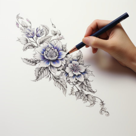 a hand drawing a flower with flowers and nascent birds in a highly detailed and realistic style. the image showcases a beautiful combination of light indigo and light gray, with intricate details and handcrafted beauty. the foliage is depicted with dark violet and light bronze tones, highlighting the elegance of the inking techniques used. ai generatedの素材
