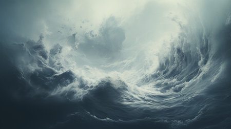 an ocean with water moving in waves, featuring a hyper-realistic sci-fi style. the image showcases a moody atmosphere with a combination of dark white and light navy tones. the post-apocalyptic imagery is enhanced by a low depth of field, highlighting the intricate details of the scene. this artwork is reminiscent of oku art, known for its hyper-detailed aesthetics. ai generatedの素材