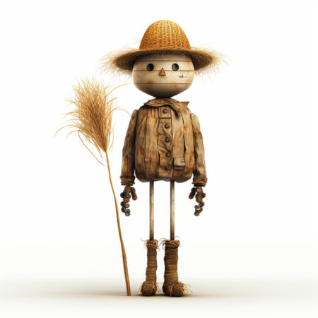 a charming 3d scarecrow with a hat and straw in a wooden field, rendered in maya by pierre pellegrini. this detailed character design showcases the creativity of using trash materials to bring the skeletal scarecrow to life. the illustration captures the unique charm and personality of the scarecrow in a whimsical and captivating way. ai generatedの素材