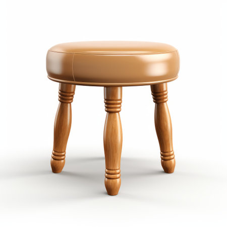 a wooden stool with a wooden frame is showcased on a white background. the stool features a shiny, tondo design with light orange and light brown hues. the soft focal points highlight the intricate details of the teethcore and leatherhide materials, displaying an exacting precision in craftsmanship. ai generatedの素材