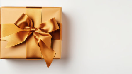 a golden gift box sits on a flat white background, showcasing a dark orange and gold color scheme. this visually striking image, captured in the style of vfxfriday, features a textural surface and precise lines. the box is beautifully wrapped, with a combination of light yellow and dark emerald hues, adding eye-catching detail to the composition. ai generatedの素材