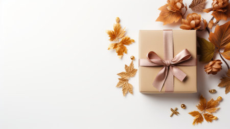a brown gift box with a bow, wrapped in an autumn leaf, showcases a minimalist design with light orange and light gold accents. this anti-clutter creation features floral accents and a relatable personality. inspired by consumer culture critique, the artwork by alfred augustus glendening combines light beige and gold tones for a visually striking composition. ai generatedの素材
