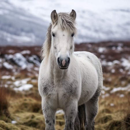a horse in a field, gazing directly at the camera, captures the essence of scottish landscapes. the snowy backdrop adds a touch of tranquility to the scene. shot with a canon eos 5d mark iv, the horse's white and gray coat shines with a whimsical yet eerie animal symbolism. the image exudes an unpolished authenticity, creating a captivating visual experience. ai generatedの素材