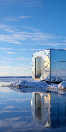 high-tech architecture of a unique tiny home cube form with white silver reflective metal panels, located in the plain of snow beside a lake with bright blue skies and an open horizon. the home features a cool parametric design and is portable. ai generatedの素材
