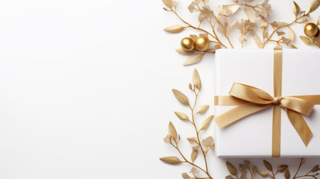 gold box and gold bows are beautifully arranged near golden leaves on a white background, creating a stunning visual in a minimalist style. the space is adorned with xmaspunk and nature-inspired pieces, showcasing magnified ornamentation. the combination of white and beige hues adds a touch of elegance to the scene, while the bentwood elements enhance the overall aesthetic. ai generatedの素材