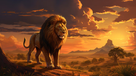 a black and white lion stands majestically in the middle of the desert during a breathtaking sunset. this stunning artwork, inspired by 2d game art and created by kevin hill, showcases colorful landscapes and detailed character illustrations. the lion's realistic portrayal, along with the golden light of the setting sun, creates a captivating scene reminiscent of ferrania p30 oil portraits. ai generatedの素材