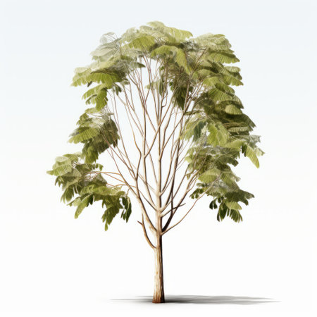 an illustration of a hyper-detailed, realistic tree with light green and brown tones, standing against a white background. the style of the illustration is reminiscent of tropical baroque and mid-century illustrations, featuring ray tracing and translucent planes. the use of light and shadow adds depth and realism to the image. ai generatedの素材