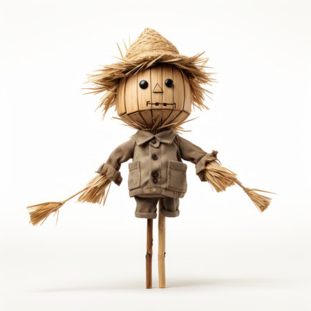 a wooden scarecrow, adorned with a traditional hat and straw, stands on a white background. this highly detailed illustration, created in cinema4d, showcases the playful use of texture and the adorable toy-like sculptures. made of plastic, this flickr image captures the charm of the scarecrow with its trace monotone style. ai generatedの素材