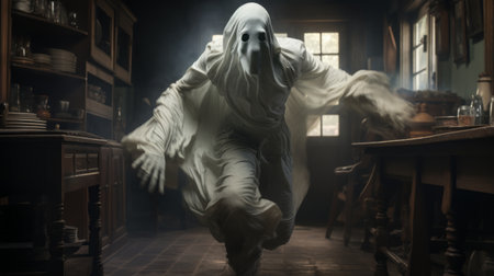 a photo capturing the essence of ghost hunters in a video game-like gameplay, inspired by the artistic styles of miss aniela and roger deakins. the image showcases creased, crinkled, and wrinkled elements, reminiscent of john trumbull's work. ethereal creatures are depicted in a dynamic pose, adding a touch of otherworldliness to an otherwise ordinary everyday life scene. ai generatedの素材