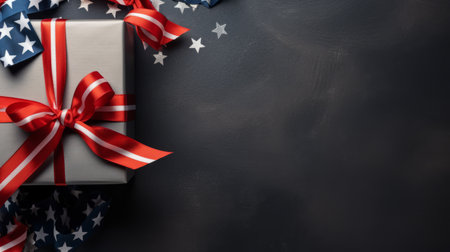 american flag tied with gift box and red ribbon, styled in dark silver and dark gray. spectacular backdrops of black paintings enhance the scene. captured using fujifilm eterna vivid 500t, the colors appear in dark navy and gray tones. the image showcases the intel core processor and pays homage to the washington color school. ai generatedの素材