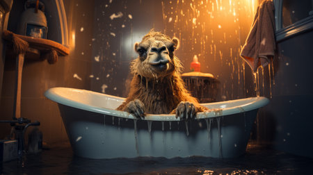camel in a big tub wearing a long sleeve shirt, captured in a surrealistic style of photography. this animated gif showcases a unique blend of elements, including mommy's on-the-phonecore, soggy textures, and minimalist canvases. the image was taken with a canon eos 5d mark iv, adding a touch of aurorapunk aesthetic to the composition. ai generatedの素材