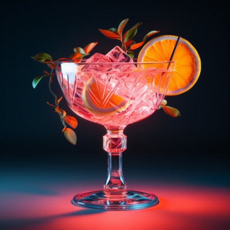 an orangeflavored cocktail, surrounded by grapes, is captured in a visually stunning photograph. the image showcases volumetric lighting and a pseudo-infrared effect, reminiscent of lush baroque still lifes. the vibrant colors of light indigo and pink add a touch of manga-inspired aesthetics. shot on 70mm, the cocktail appears to be made of crystals, creating a captivating and luxurious visual experience. ai generatedの素材