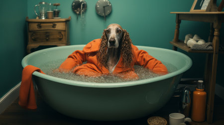 octopus in a big tub, surrealistically captured in an animated gif. the image features a long sleeve shirt, adding a touch of whimsy to the composition. this minimalist canvas, shot with a canon eos 5d mark iv, showcases the unique aurorapunk aesthetic. a quirky and soggy scene, perfect for fans of mommy's on-the-phonecore. ai generatedの素材