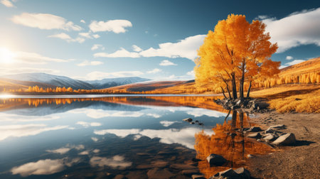 a serene lake in the tundra, surrounded by vibrant autumn-colored poplar trees, reflects their beauty on the calm water's surface. this tranquil scene captures the serenity and appreciation for nature's fall splendor. shot during golden hour, the image showcases the soft, warm light illuminating the tundra, creating a captivating and peaceful atmosphere. ai generatedの素材