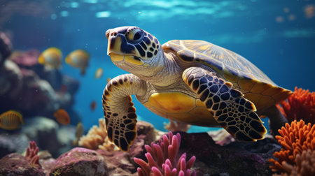 a sea lion gracefully swims amidst a vibrant coral reef teeming with marine life. in the background, an eastern box turtle finds solace on a rocky surface. this captivating image showcases the breathtaking beauty and rich diversity of the underwater world. shot in wide angle, the photo is in stunning 8k resolution, offering a lifelike visual experience. ai generatedの素材