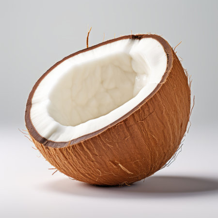 a close-up photo of a white sliced coconut, captured with vray rendering style. the coconut appears colorized and is illuminated by softbox lighting. the image showcases a layered mesh texture, with a brown and white background. the iso setting used for this shot is 200. ai generatedの素材