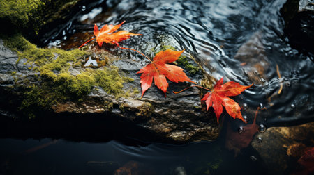 a photo showcasing the abstract beauty of a river, highlighting the textures and patterns formed by fallen leaves, moss, and branches. through macro photography techniques, the details are captured from various angles and compositions, resulting in visually striking images with enhanced earthy tones. ai generatedの素材