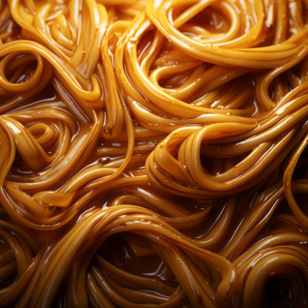 fried noodles with ricotta and soy sauce are showcased in this photo. the dish is presented on a dark background, with a realistic hyper-detailed rendering style. the translucent resin waves add a unique touch, while the multilayered abstraction and macro photography capture the intricate details. the sepia tone enhances the overall aesthetic, creating a visually captivating image. additionally, the concept of body extensions and tangledの素材