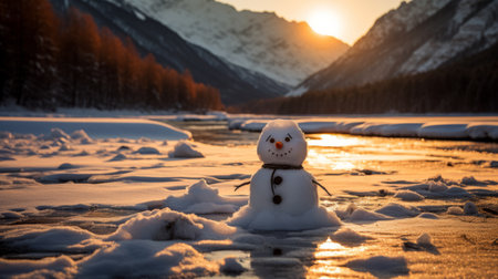 a snowman stands proudly amidst a snowy landscape, surrounded by glistening white grass and overlooking a serene lake. bathed in the warm golden light of the sun, this picturesque scene captures the beauty of winter. with its unique blend of white and orange hues, this snowman exudes a cute and quirky charm. the artist, tyler walpole, showcases his innovative techniques and the patience of aの素材