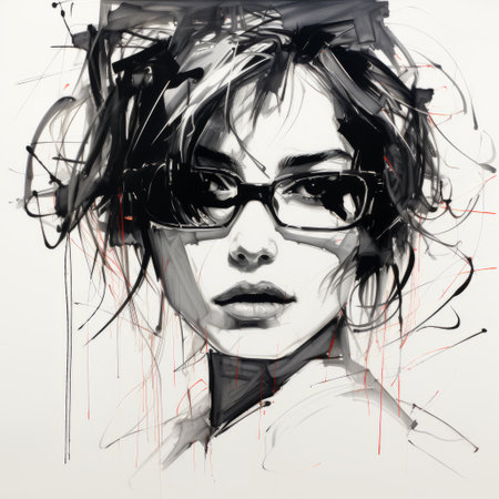 a girl wearing glasses is depicted in this drawing, created in the style of monumental ink paintings. the intense brushstrokes and edgy composition give the artwork a unique appeal. the use of wire adds a three-dimensional element to the piece. the realistic lifelike figures capture an urban atmosphere, while the strong contrast between light and dark adds depth and drama to the image. ai generatedの素材
