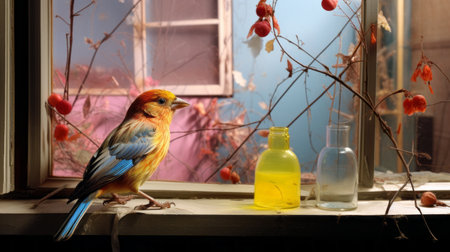 bird perched on window sill in vibrant still-life style, reminiscent of colorful kitsch and bio-art. captured by mike campau, the image showcases a striking combination of cyan and amber hues, highlighting the raw vulnerability of the subject. experience the stunning details in 8k resolution. ai generatedの素材