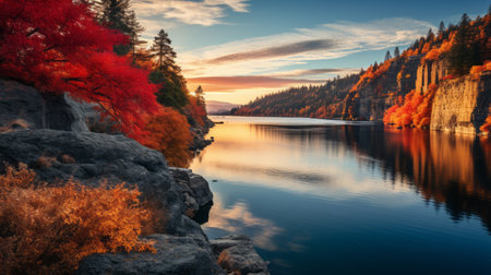 a serene lake in a canyon, surrounded by vibrant cherry trees in full autumn splendor, reflects their colors on the calm water's surface. this tranquil scene captures the beauty of nature during the fall season, with soft, warm light illuminating the canyon during golden hour. ai generatedの素材