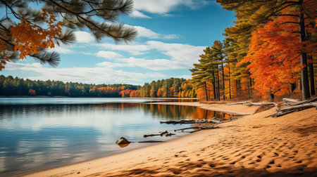 a serene lake surrounded by vibrant autumn-colored pine trees reflects their beauty on the calm water's surface. this tranquil scene captures the serenity and appreciation for nature during the fall season. shot during golden hour, the image showcases the soft, warm light illuminating the dune, creating a captivating and peaceful atmosphere. ai generatedの素材
