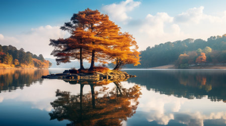 a serene lake surrounded by vibrant teak trees in full autumn splendor, reflecting their colors on the calm water's surface. this tranquil scene evokes serenity and appreciation for the beauty of nature during the fall season. shot during golden hour, the image showcases the soft, warm light illuminating the hill. ai generatedの素材