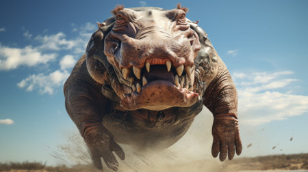 a surreal and creepy three-dimensional representation of a hippopotamus zombie floats in the sky. this desertpunk-inspired character, created using studies in zbrush, features playful and grotesque designs made of insects. with its emotive and eerie appearance, this 32k uhd image showcases the artist's unique and captivating style. ai generatedの素材