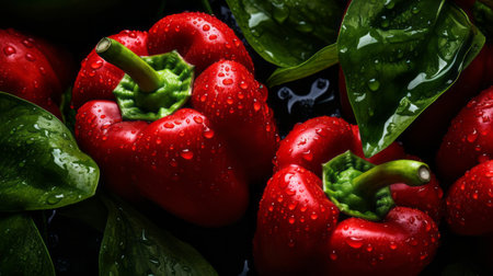a stunning award-winning photograph captured from an overhead angle showcases lots of fresh pepper with sparkling raindrops. shot using a hasselblad camera, this high-resolution image features seamless background and soft lighting. with color grading and high-end retouching, this fine art photograph is perfect for advertising and commercial purposes. ai generatedの素材