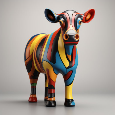 a multicolored cow statue, inspired by vray tracing and bauhaus designs, featuring graphic linework reminiscent of theodore rousseau's art. the statue showcases smooth lines and a childlike simplicity, with influences from artist chris dyer. ai generatedの素材