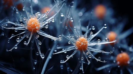 a close-up portrait photograph showcasing the intricate details of unknown chlamydia trachomatis biological virus alien flowers. the image captures the brittle yet beautiful and elegant nature of these flowers, with vivid contrast and depth of field. shot on a 100mm lens at f/2.0, the photo exhibits rich black tones and crisp details, illuminated by natural lighting. this realistic and impressive 8k uhd image is bathedの素材