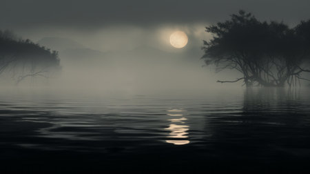 a shinobi, shrouded in fog, stands at the edge of a river. this nightmarish image combines elements of cowboy and traditional japanese artistic techniques, creating an eerie and realistic scene. the calm waters add to the overall atmosphere, making it perfect for halloween. ai generatedの素材