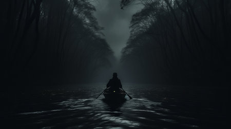 a person stands in the shadow near a waterfall, creating a mysterious nocturnal scene reminiscent of mikko lagerstedt's style. the dark canyon and calm waters add to the sense of tranquility. the image also evokes elements of anton mauve's gothic dark and ornate style, while the smokey background adds an edogawa ranpo-esque touch. ai generatedの素材