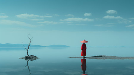 a person dressed in red stands on a hill, wearing a cloak, overlooking a serene lake. this minimalist japanese-inspired scene captures the essence of tranquility and harmony. the vibrant cyan and crimson colors add a touch of artistic flair to this 8k resolution photograph. the artwork reflects the influences of burmese art and the mori kei style, creating a moody and tranquil ambiance. ai generatedの素材