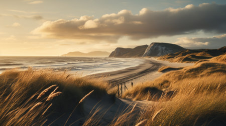 a photo of a sandy beach and large trees, capturing the essence of traditional british landscapes. the image, taken by max rive using a ricoh gr iii, showcases the golden light and delicately rendered landscapes. the uhd quality enhances the atmospheric and moody feel of the scene. ai generatedの素材
