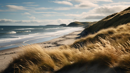 a stunning photograph showcasing a grassy hill overlooking the ocean, under a clear blue sky. captured in the style of steinheil quinon 55mm f19 by tj drysdale, the golden light beautifully highlights the smooth and curved lines of the landscape. this en plein air beach scene is a fantastic example of captivating and serene coastal landscapes, with a harmonious blend of light gold and grayの素材
