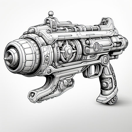 a detailed science fiction illustration of a gun with gears on it. this hyperrealistic drawing showcases toy-like proportions and bulbous contours. the dynamic action sequences and contoured shading give it a sci-fi baroque touch. ai generatedの素材