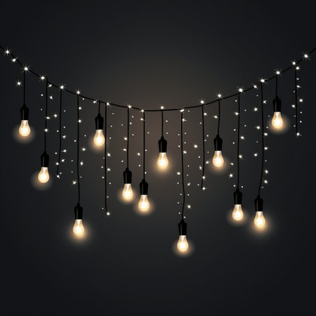 christmas decorations with light bulbs and starry lights, captured in a shot by a dribbble user. the photo showcases a vintage atmosphere with a dark gray and light black color scheme. the realistic portrayal of light and shadow adds to the luxurious wall hangings. the black background enhances the realistic lighting, while the white background provides a contrasting element. ai generatedの素材