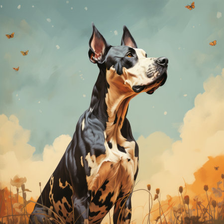 a side view shot of a big dane butterfly, sitting and looking to its right. the illustration style resembles oliver jeffers' vintage book illustrations, with a touch of magic realism. this official art is a detailed digital illustration, capturing the beauty of the butterfly in 8k full hd resolution. ai generatedの素材