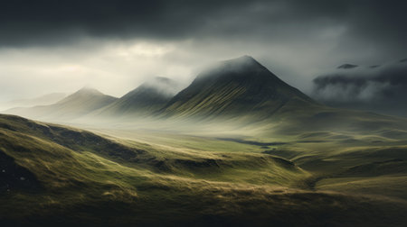 mountains in cloudy sky captured by joel safsen, featuring scottish landscape style. the image showcases layered and atmospheric landscapes, with luminous light and shadow. shot using zeiss batis 18mm f2.8 lens, it portrays a pastoral landscape with flowing lines. the overall effect is atmospheric and dreamy. ai generatedの素材