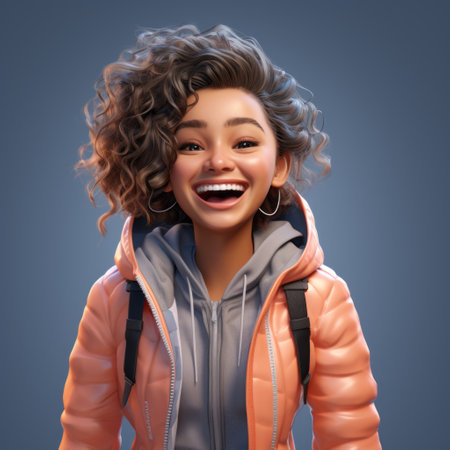 a cartoon girl, dressed in a black jacket and carrying a backpack, is depicted in a hyperrealistic style reminiscent of zbrush and daz3d. with warm tones and vibrant color choices, this hip-hop-inspired illustration showcases photo-realistic techniques. ai generatedの素材