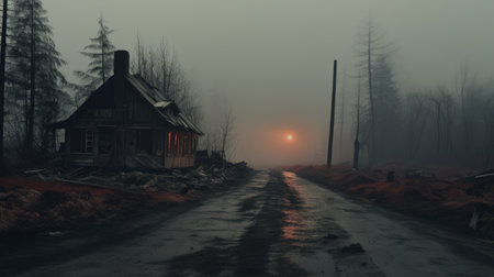 an abandoned house stands eerily against the night sky, its silhouette blending with the misty horizon. the photo captures the raw essence of rural life, with a color palette of light orange and dark gray adding a haunting atmosphere. influenced by the works of elihu vedder, this photo employs photo-realistic techniques to depict a burned and charred scene, reminiscent of street photography. ai generatedの素材