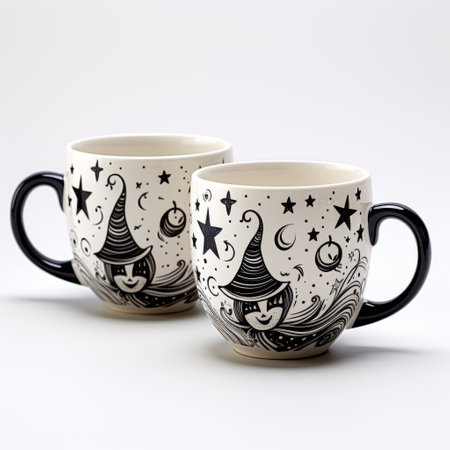 two whimsical and fantastical black and white mugs featuring designs inspired by halloween. the mugs showcase a mix of ominous and joyful elements, with clean and sharp inking that highlights eye-catching details. these unique mugs are perfect for those who appreciate a touch of the fantastical and a hint of the unexpected. ai generatedの素材