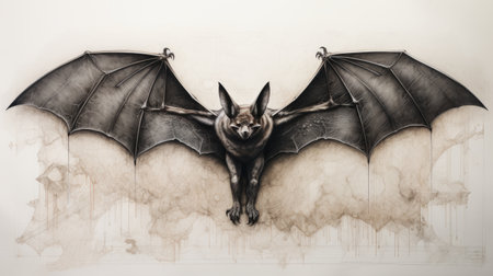 a black and white painting featuring a bat, inspired by the artistic styles of ingrid baars, jon j muth, and esao andrews. the painting showcases hyper-realistic animal illustrations, with a color palette dominated by dark bronze and crimson. the composition also incorporates elements of graffiti installations, creating a visually striking and symmetrical artwork. ai generatedの素材