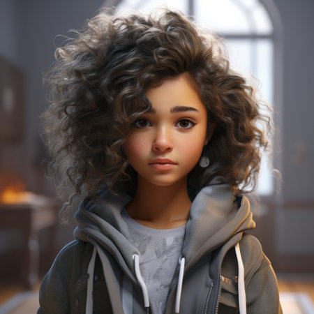 a girl with hair is depicted in an interior setting, showcasing the artistic style of vray tracing. this captivating image incorporates elements of tiago hoisel's work, featuring a soft-focus technique. the influence of nene thomas can also be seen, with a touch of ue5 technology enhancing the lighting effects. the image is characterized by a rich and textured appearance, adding depth to the overall composition.の素材