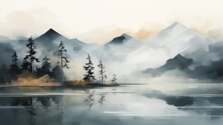 a serene and peaceful image of a river flowing through a picturesque landscape. the river is surrounded by majestic mountains and lush greenery. the water is crystal clear, reflecting the blue sky above. the color scheme of white, light gray, blue, and gold creates a tranquil atmosphere. the image is in 8k resolution, capturing every detail of this breathtaking scene. ai generatedの素材