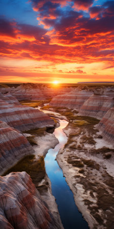 a colorful sunset over a barren landscape as the sun rises, showcasing streamlined forms and romantic riverscapes. this national geographic photo captures an idealized depiction of native americans amidst horizontal stripes. the image beautifully merges the elements of a metropolis meeting nature, creating an iconic and captivating scene. ai generatedの素材