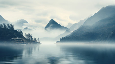 a serene and peaceful coastline image with a lake, mountains, and water. the color scheme includes white, light gray, blue, and gold, creating a bright hazy effect with a touch of gold for an ethereal gothic feel. the image showcases a scottish landscape, using brunel primer and light indigo. acrylic brushes were used to ensure the image is in 8k resolution. ai generatedの素材